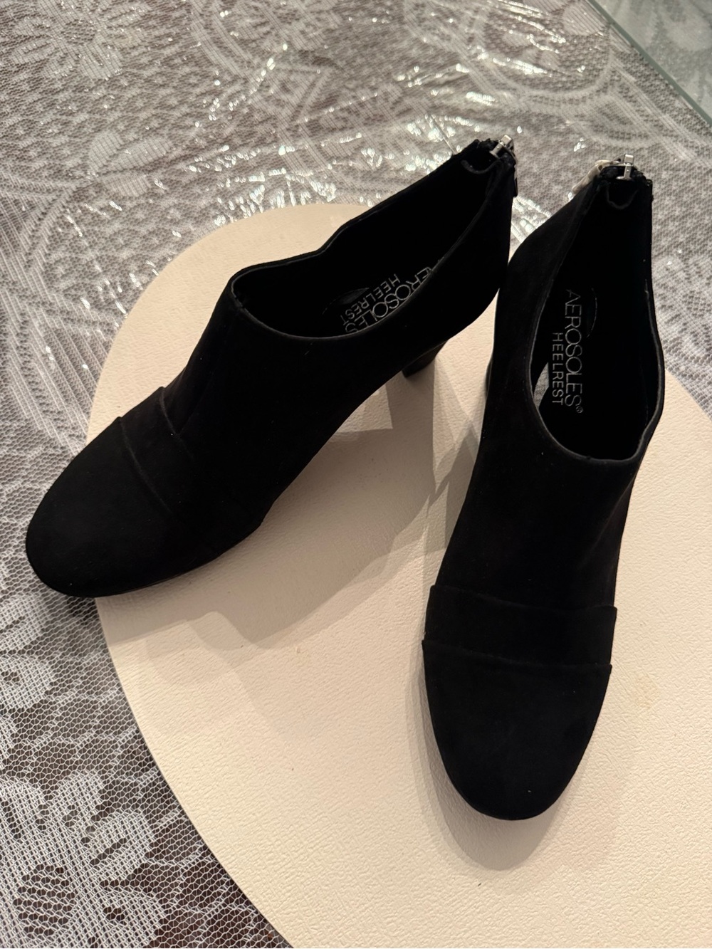 AEROSOLES Black Suede Zip-Back Heeled Booties